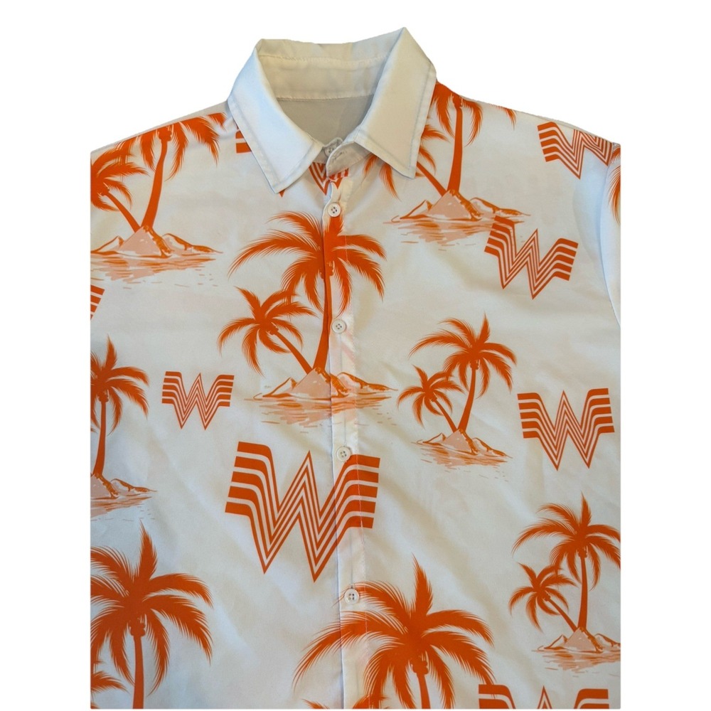 Whataburger Food Hawaiian Beach Shirt Men's Size Large Fun Orange White Palms